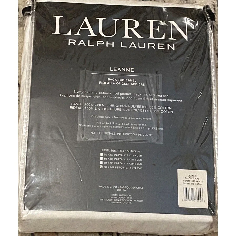 NIP LRL Ralph Lauren LEANNE 100% LINEN Back Tab Curtain Panel Drape 54x108 White